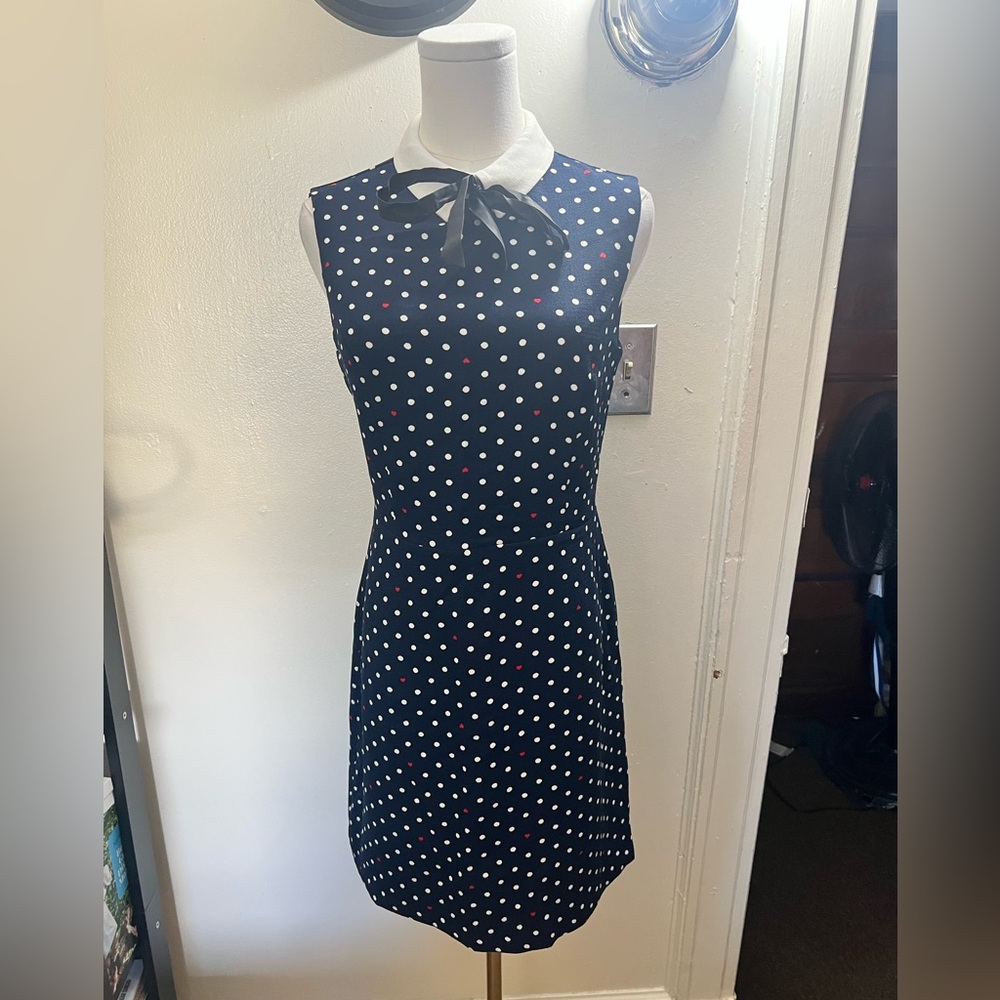 NWOT Oodji Navy Polka Dot Sleeveless Dress White Collar Black Bow Hearts Sz 4